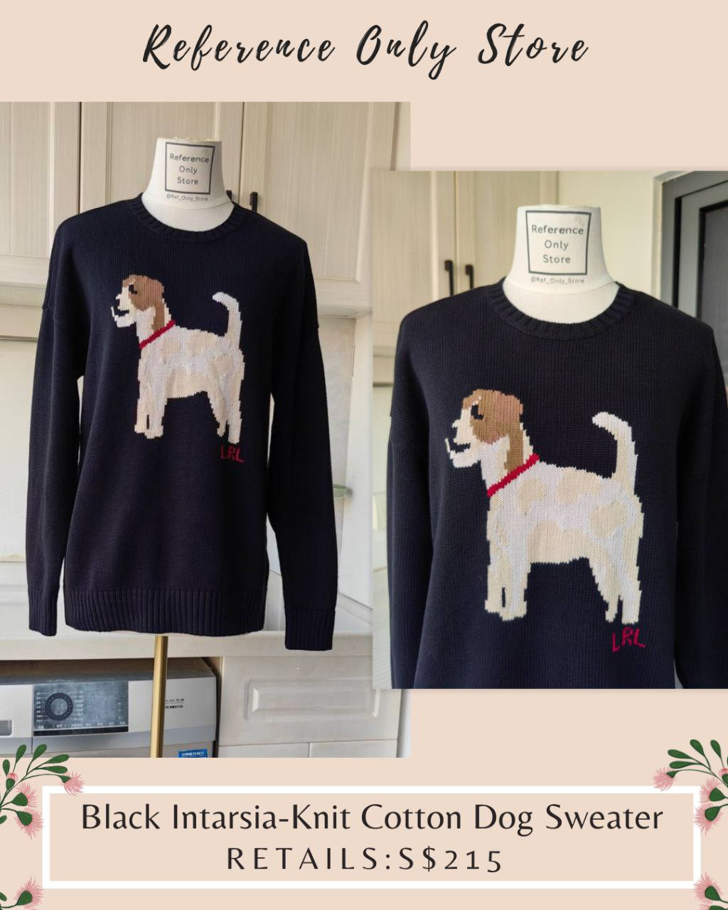 RL Intarsia Black Knit Dog Pattern cotton sweater