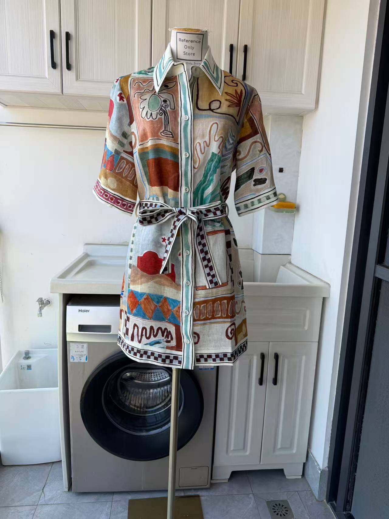 AM Painterly grid linen mini dress