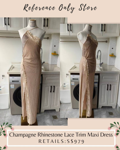 SP champagne rhinestone lace trim maxi dress