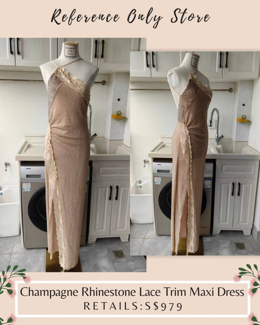 SP champagne rhinestone lace trim maxi dress