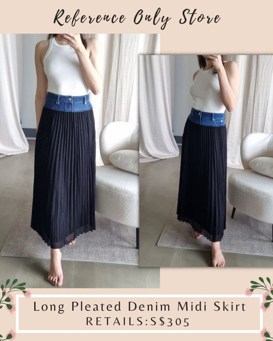 SD Denim Trim Black Pleated Long Midi Skirt