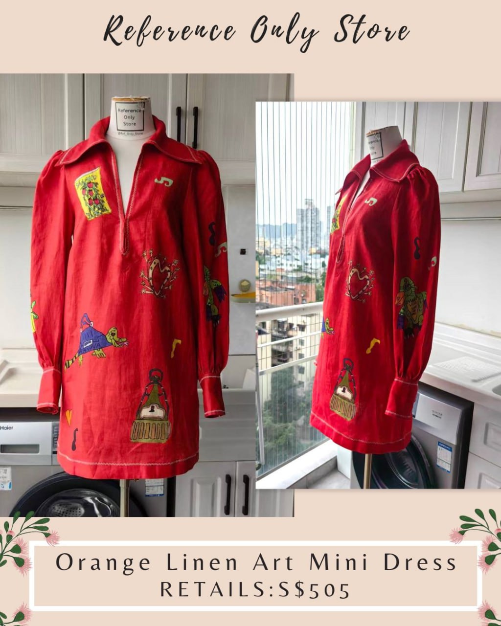 AM Orange Linen Art linen mini dress