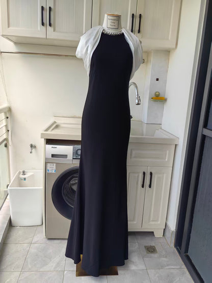 RM Gathered Shawl Crystal trim neckline maxi dress gown
