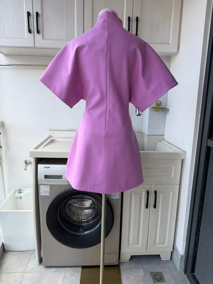 Wide sleeves rayon blend mini dress with metal brooch gathered waist