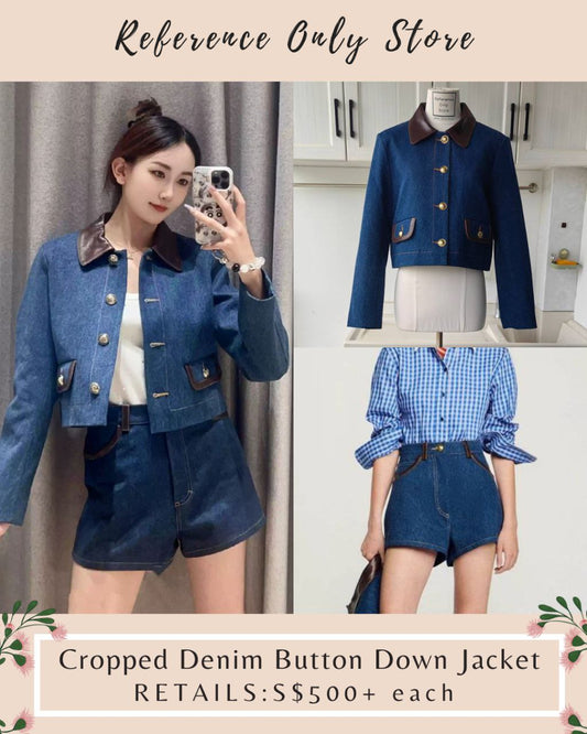 SD Denim cropped button down jacket with leather collar / shorts