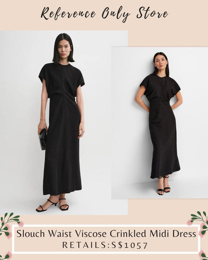 Tot Black Slouch Waist Viscose crinkled midi dress