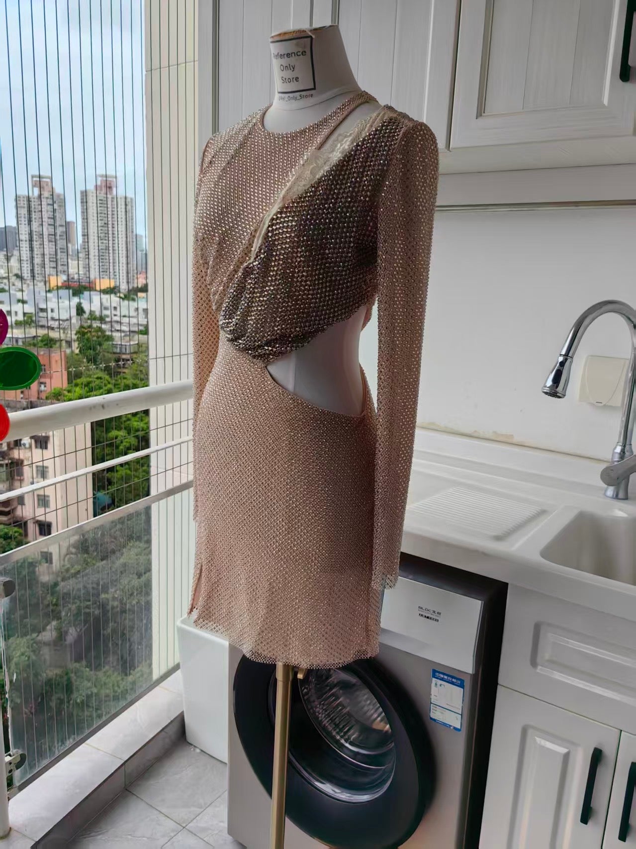 SP champagne rhinestone lace trim mini dress