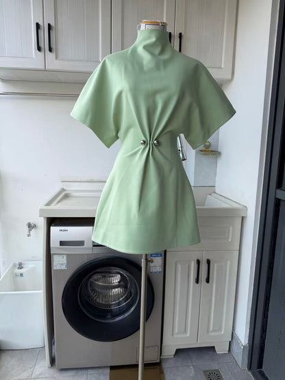 Wide sleeves rayon blend mini dress with metal brooch gathered waist
