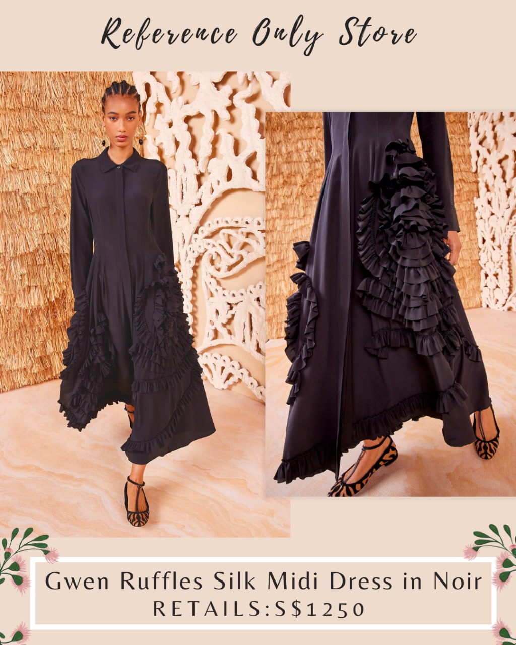 Only 2! UJ Gwen ruffles black silk dress midi