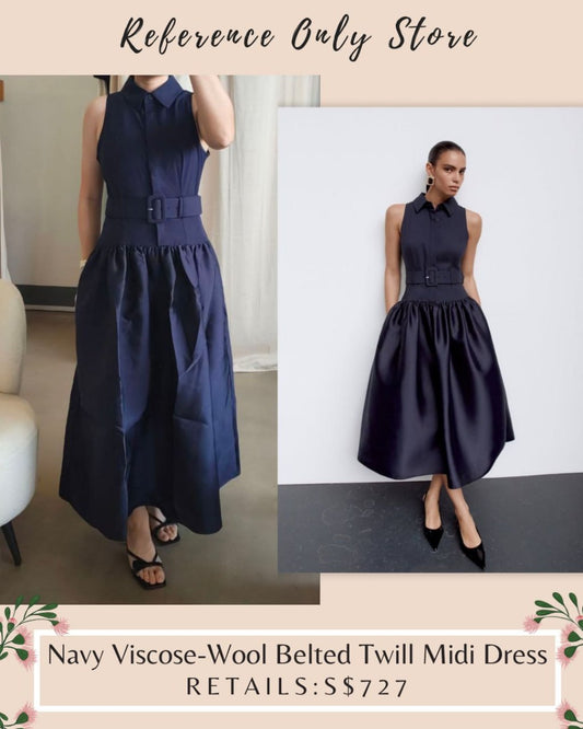 SP Navy viscose wool blend twill midi dress sleeveless