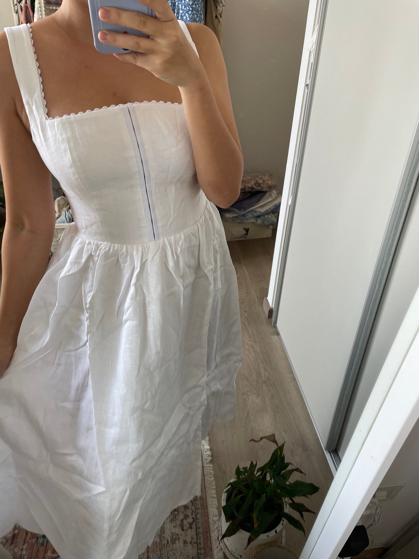 Ref Tagliatelle Midi Linen Dress in Ivory White
