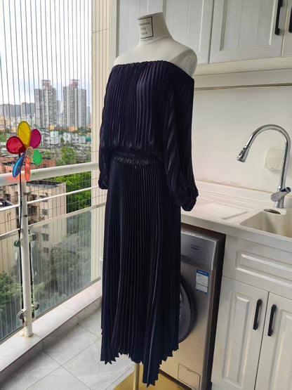 ALC Sienna satin pleated off shoulder midi dress
