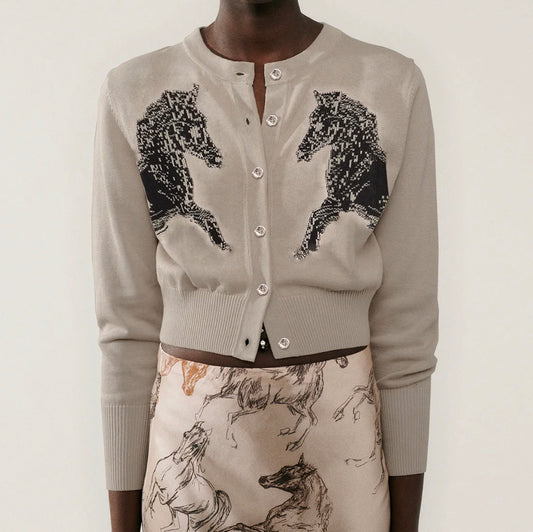 Sl Cropped Silk cotton blend Cardigan in Horses