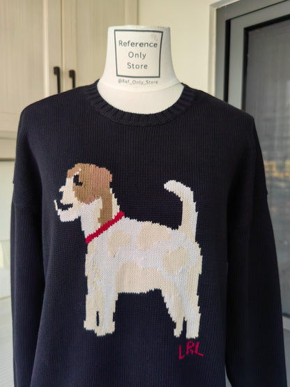 RL Intarsia Black Knit Dog Pattern cotton sweater