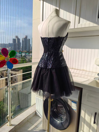 BC White/ black sequin lace peplum tulle mini dress