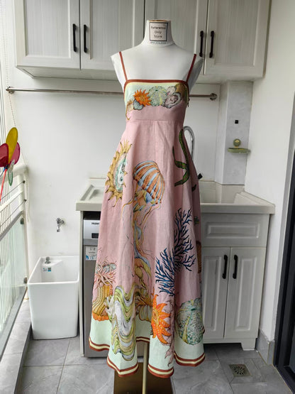 AM Pink marine life printed linen strappy midi dress