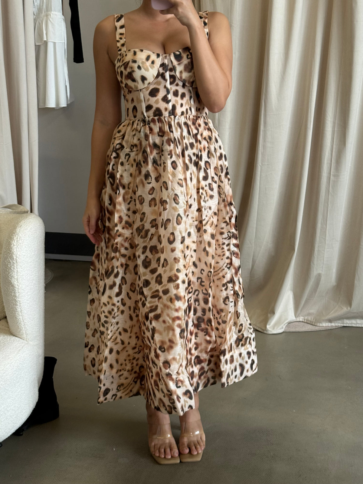 CC Phoebe linen silk midi dress in leopard print