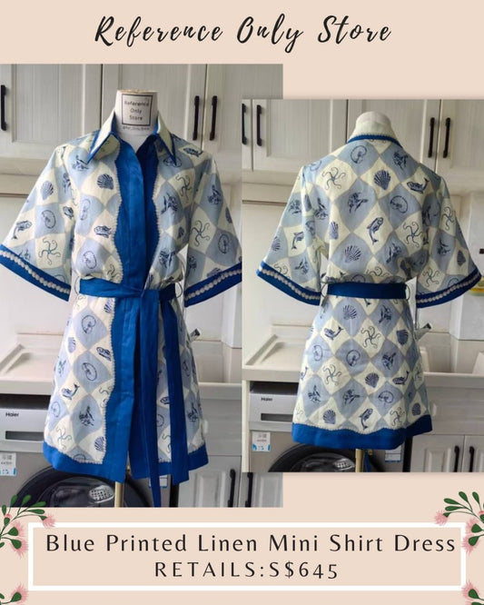 AM Blue printed linen mini shirt dresss