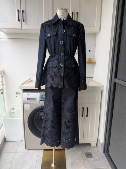 VB Indigo eyelet cotton top, pants and jacket