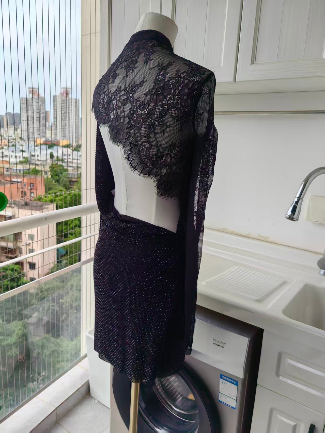 SP black rhinestone mesh cut out lace mini dress