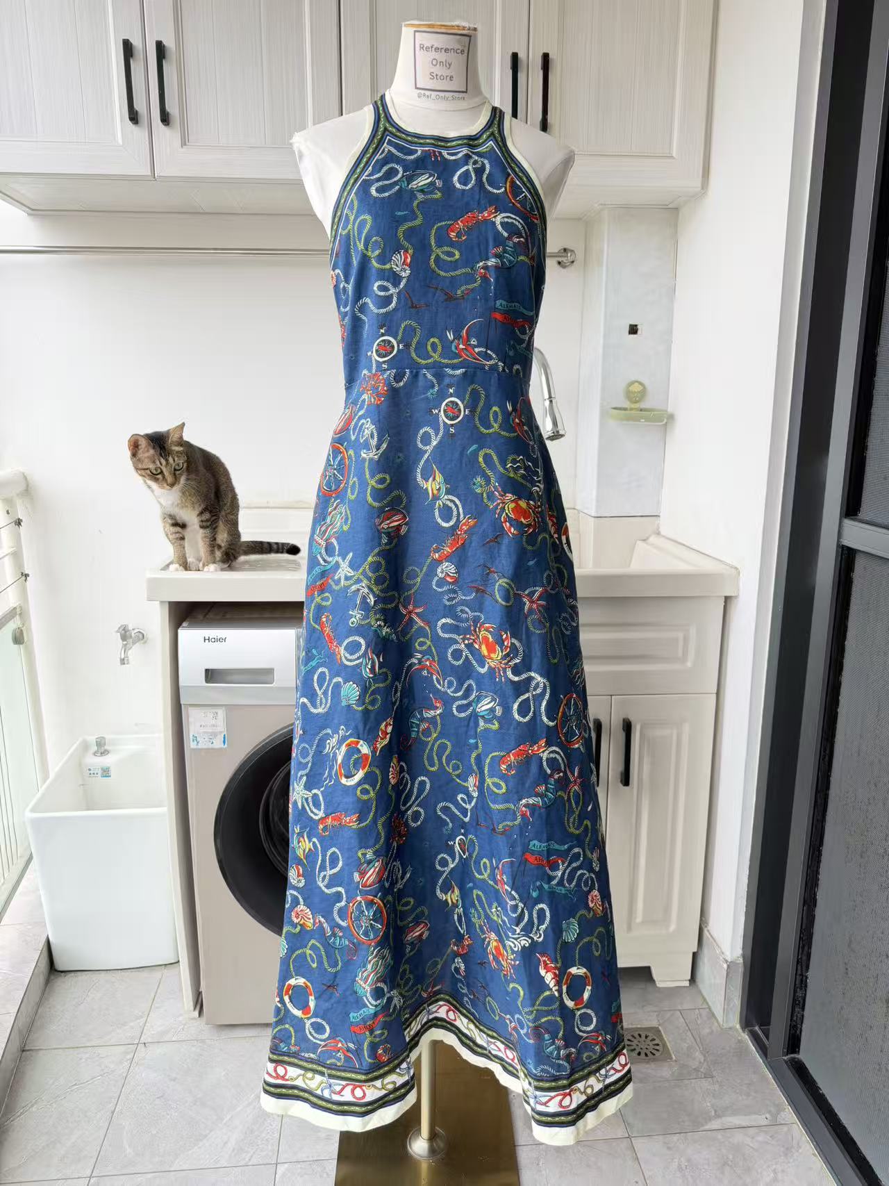 AM Blue ocean artistic print linen halter midi dress