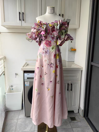 AJ Etta floral off shoulder pink midi dress