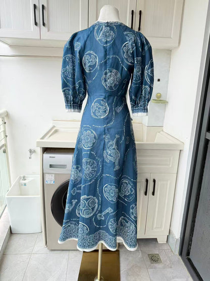 AM Blue puff sleeve linen mini dress