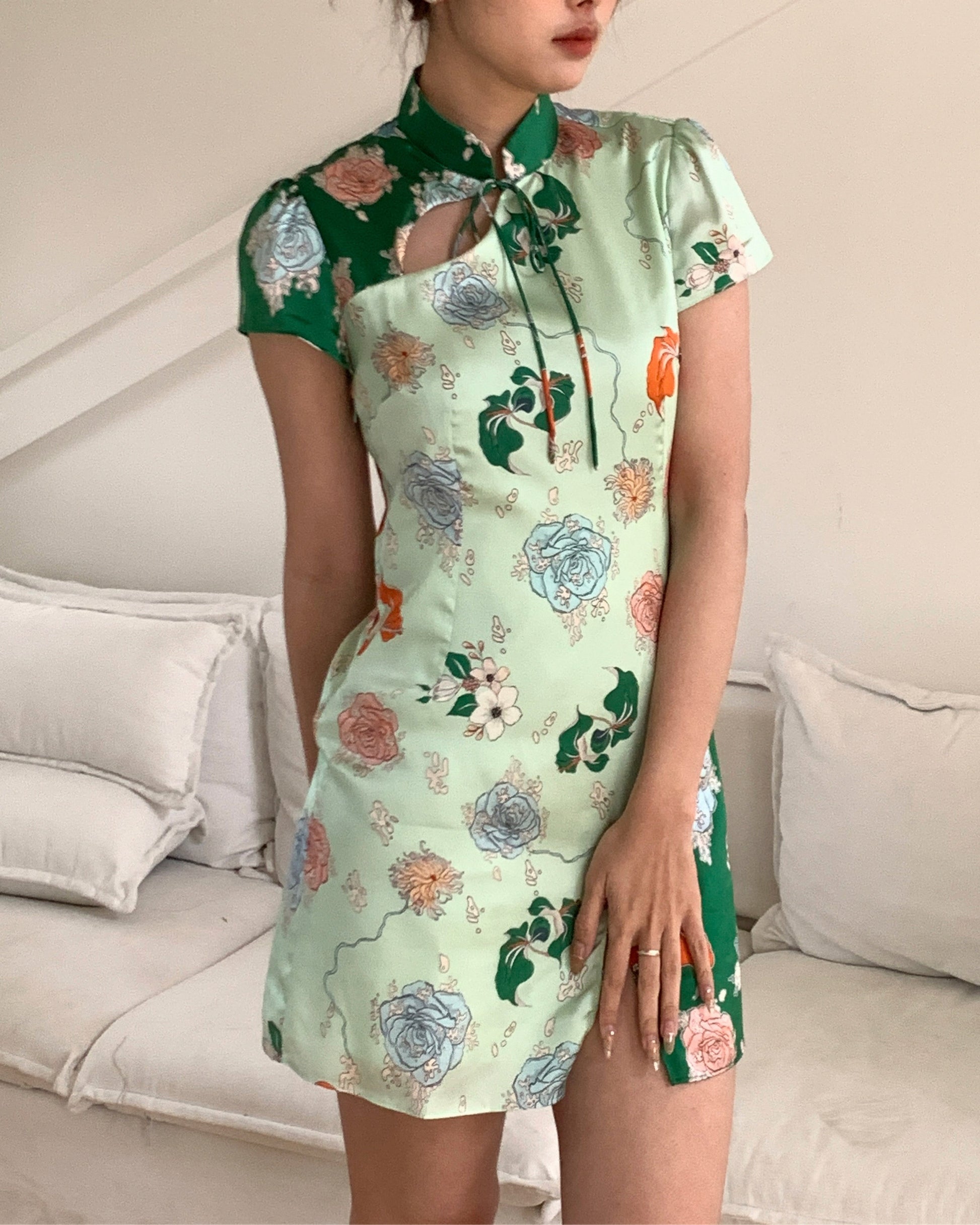 jade silk mini dress Jade Green Floral Dress - Satin Mini Dress