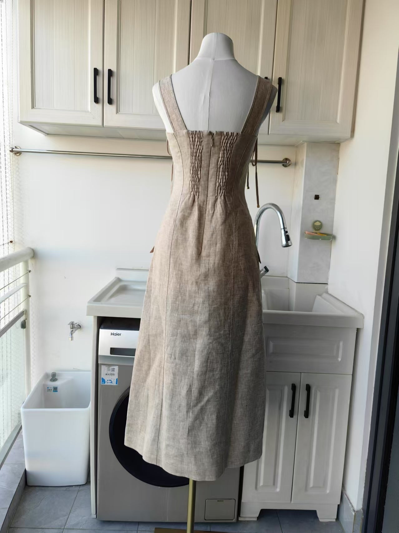 AJ linen natural color sleeveless midi dress