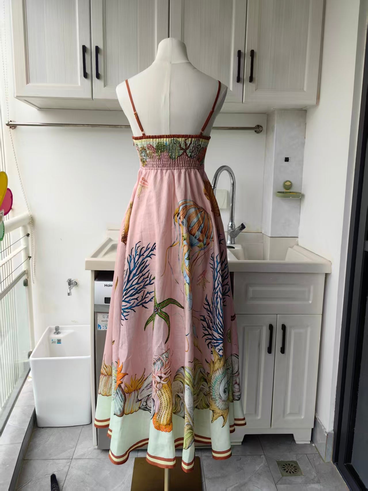 AM Pink marine life printed linen strappy midi dress