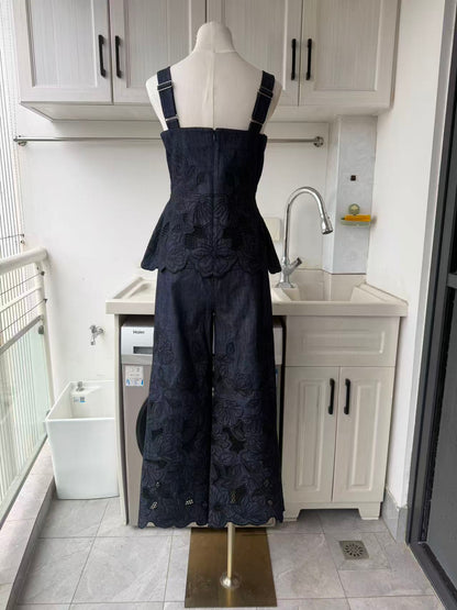 VB Indigo eyelet cotton top, pants and jacket