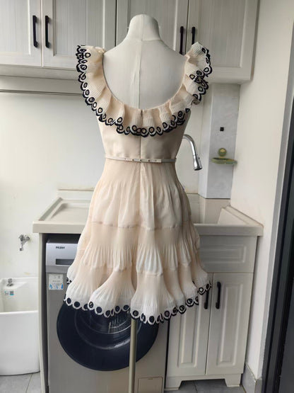 054Zm embroidered frilled mini dress