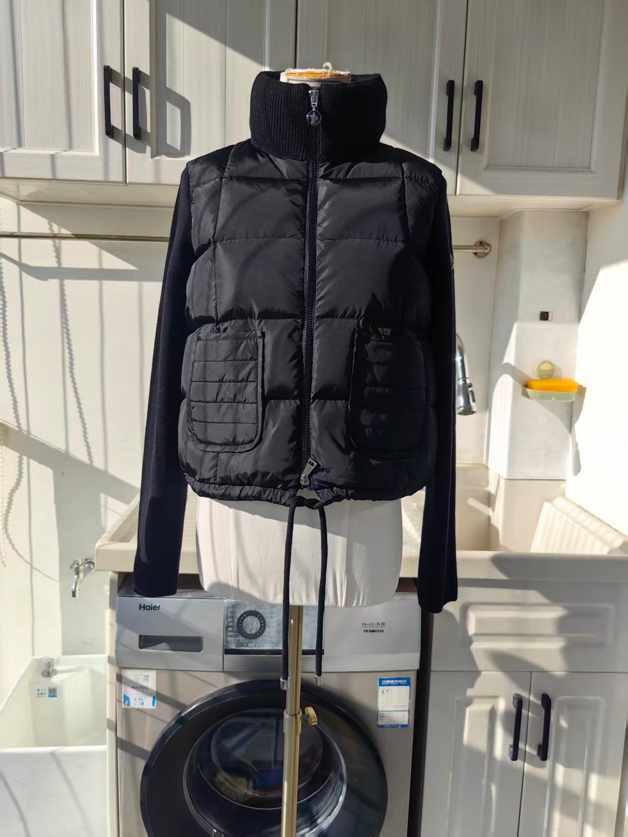 MC square quilted padded wool zip up cardigan