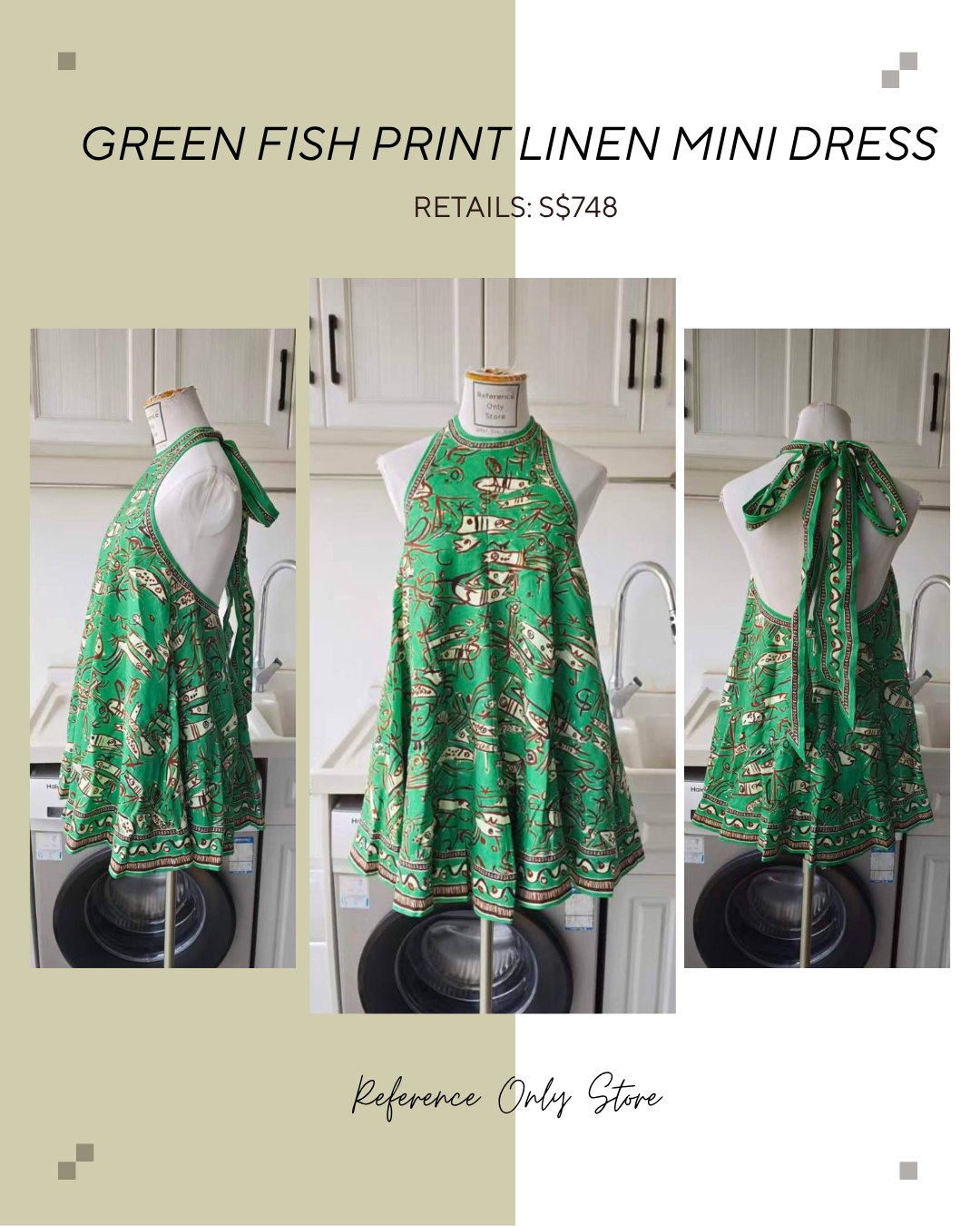 AM Green fish print linen mini dress
