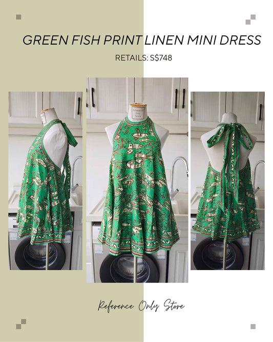AM Green fish print linen mini dress