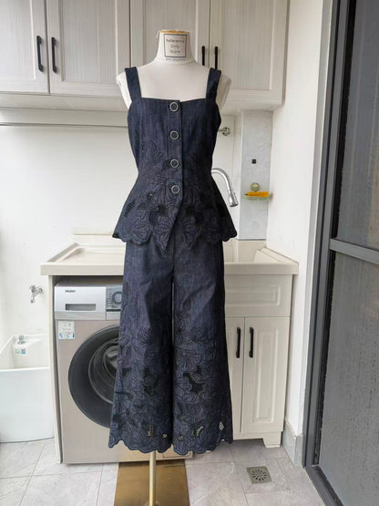 VB Indigo eyelet cotton top, pants and jacket