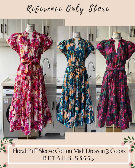UJ Abstract floral puff sleeve cotton midi dress
