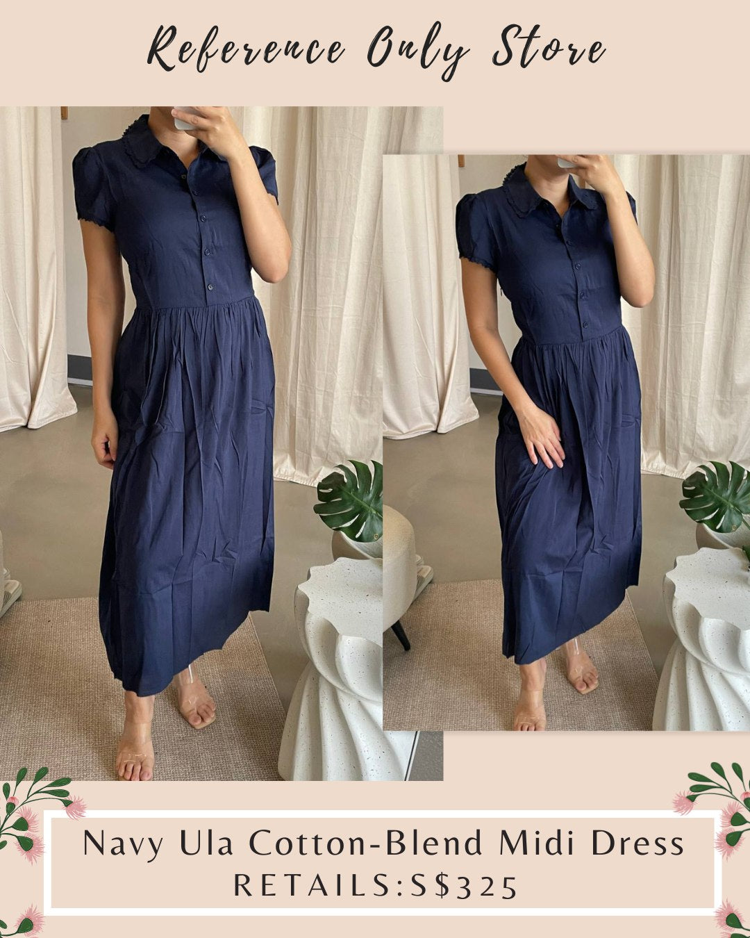 Ref Navy Ula Cotton Blend Midi Dress