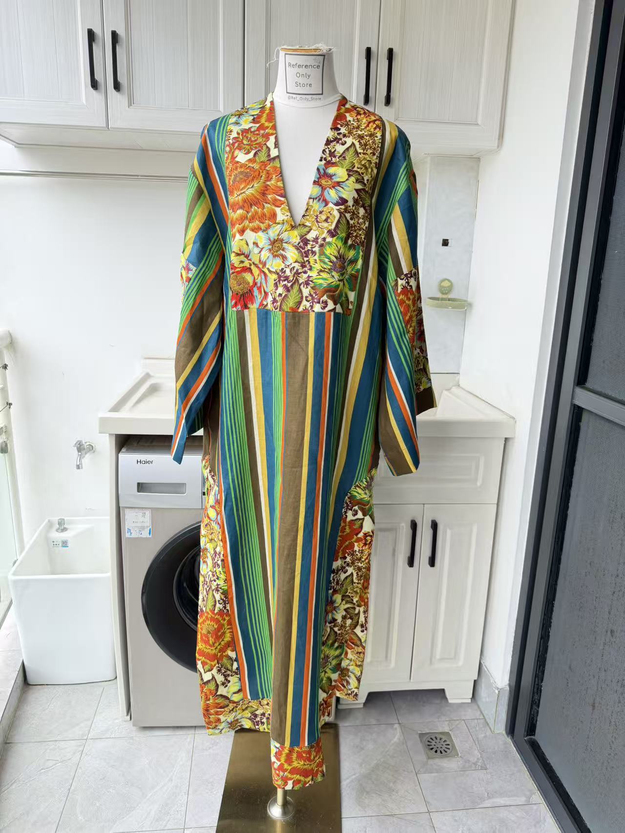 AM vivid stripe linen midi long sleeve dress