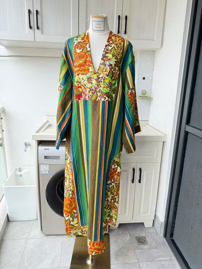 AM vivid stripe linen midi long sleeve dress