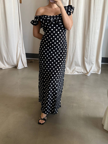 Back! RP The Minnie Silk maxi dress in moonlight black polka