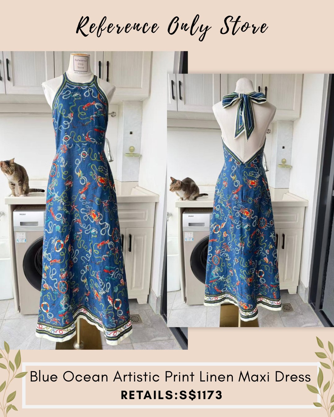 AM Blue ocean artistic print linen halter midi dress