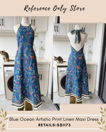 AM Blue ocean artistic print linen halter midi dress