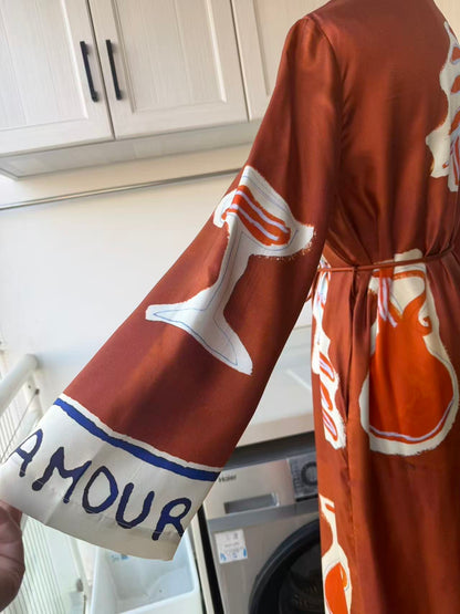 AM Rich Brown Silk printed midi shirt dress