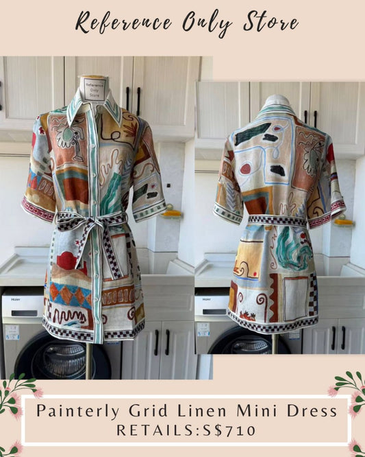 AM Painterly grid linen mini dress