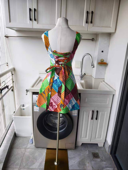AM Tie back patchwork linen mini dress