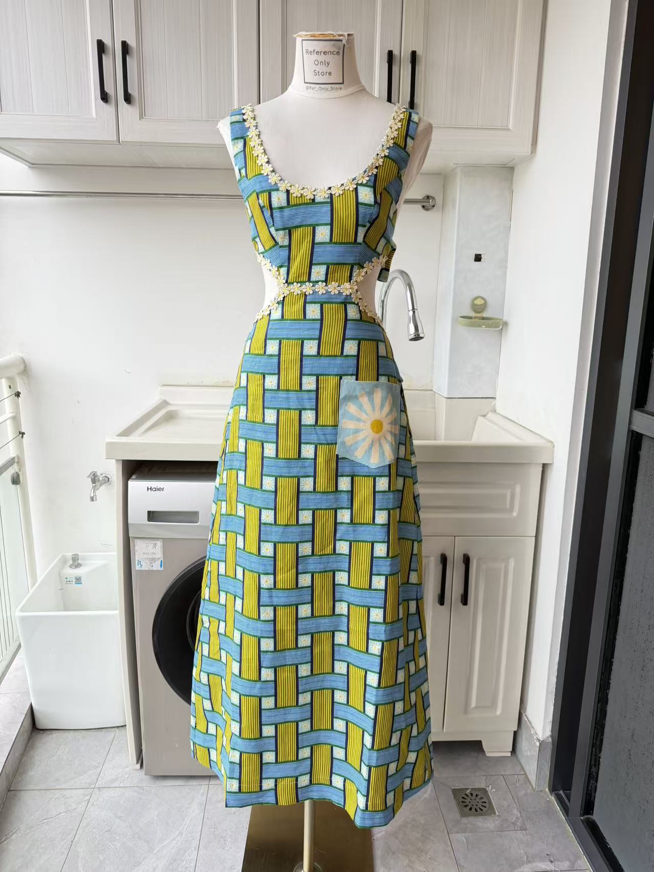 AM vibrant mosaic linen midi dress bow back
