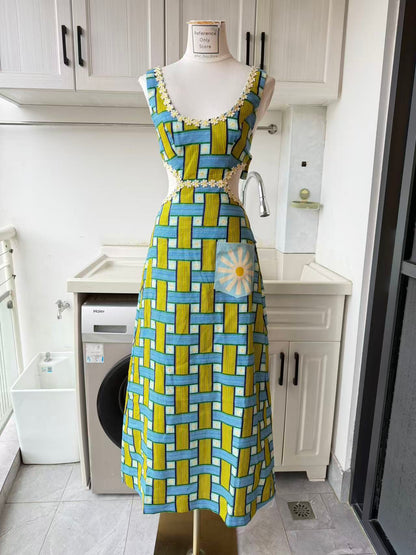 AM vibrant mosaic linen midi dress bow back