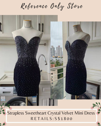 AP Strapless sweetheart. Crystal velvet mini dress