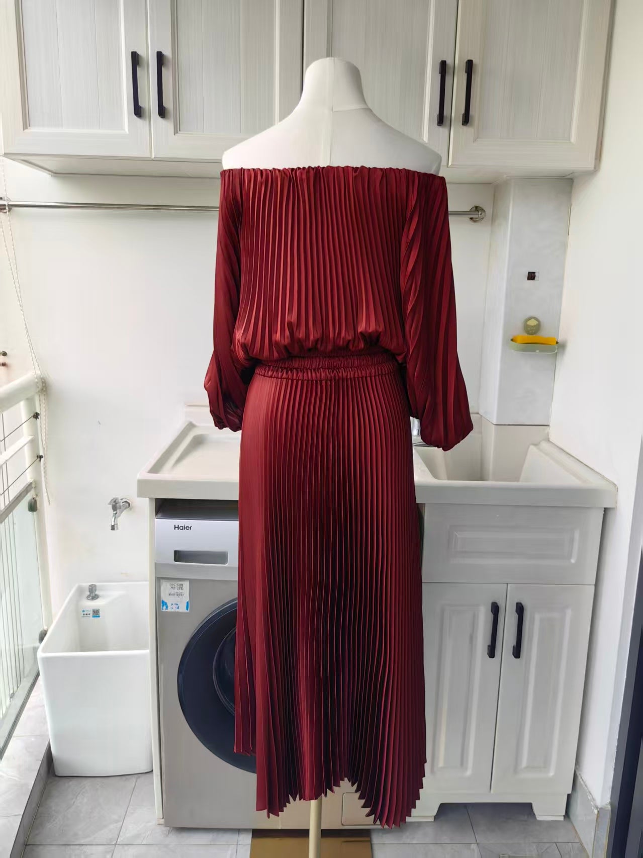 ALC Sienna satin pleated off shoulder midi dress